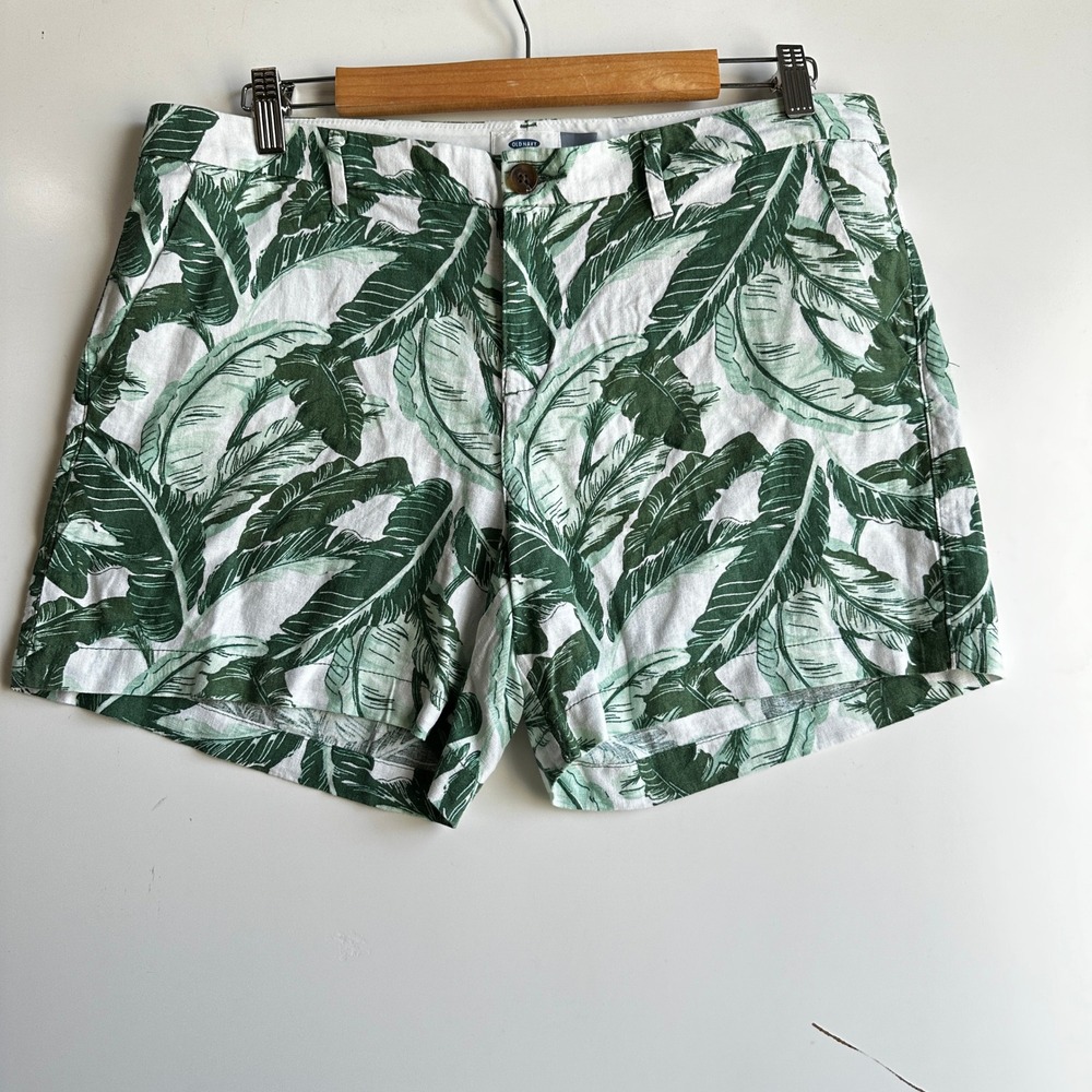 Old Navy Chino Shorts Palm Print Linen Blend Casual‎ Green/White Size 12 NWOT - Picture 7 of 11
